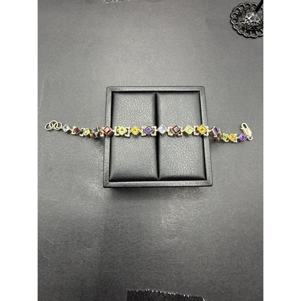 Vintage 7" Sterling Silver Multi Gemstone Bracelet Amethyst Garnet 16 Grams J28 - Picture 4 of 15